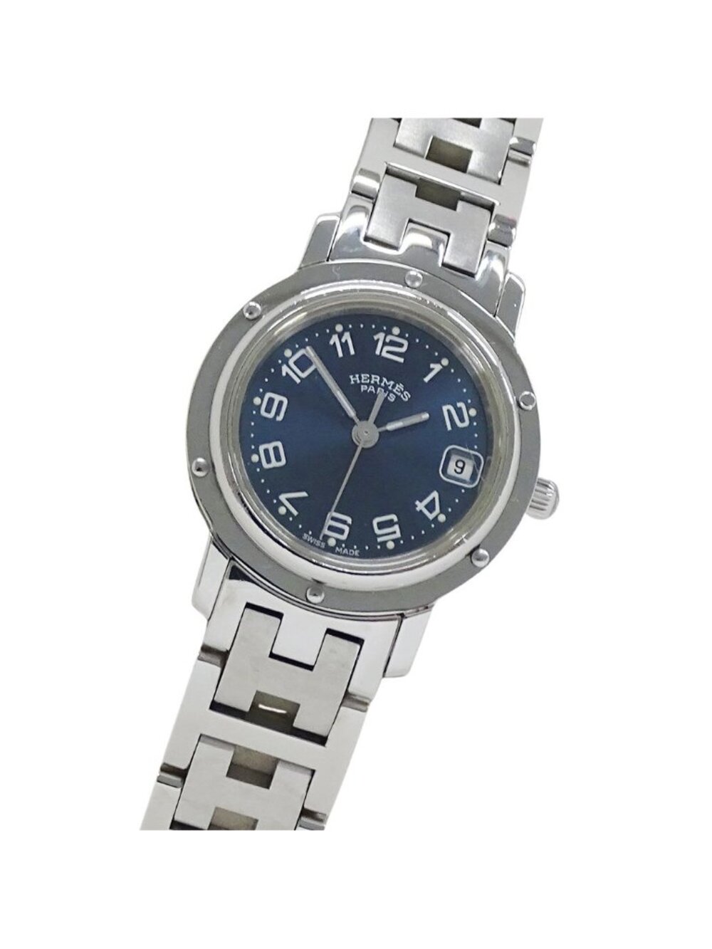 Hermes Watch Clipper Date Quartz Stainless Steel Silver Blue